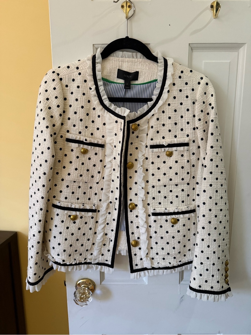 J. Crew Cream Polka Dot Tweed Blazer with Black Trim